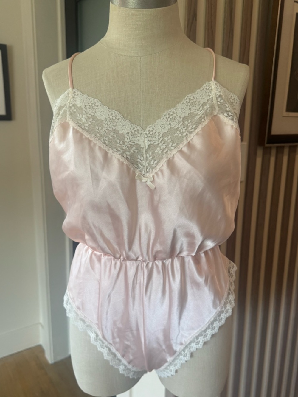 VTG Union Made Lace-Trim Satin Teddy - Pink Large | Intimates | Snap Crotch